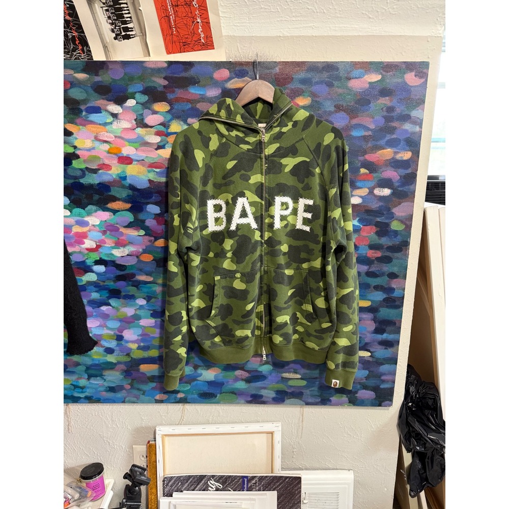 BAPE A Bathing Ape Green Camo Rhinestone Logo Full Zip Hoodie Mens Medium